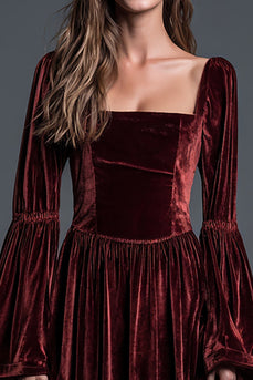 Burgundy Velvet A-Line Square Neck Long Sleeves Holiday Party Dress