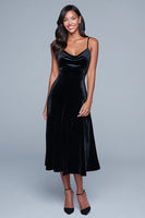 Load image into Gallery viewer, Black Spaghetti Straps Velvet A-Line Long Holiday Party Dress