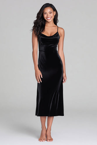 Black Velvet Spaghetti Straps Sheath Long Holiday Party Dress