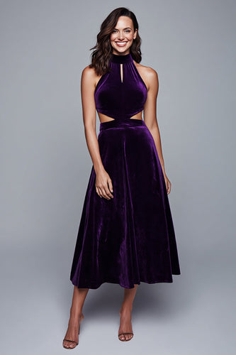 Plum Halter Cut-Out Velvet A-Line Long Holiday Party Dress