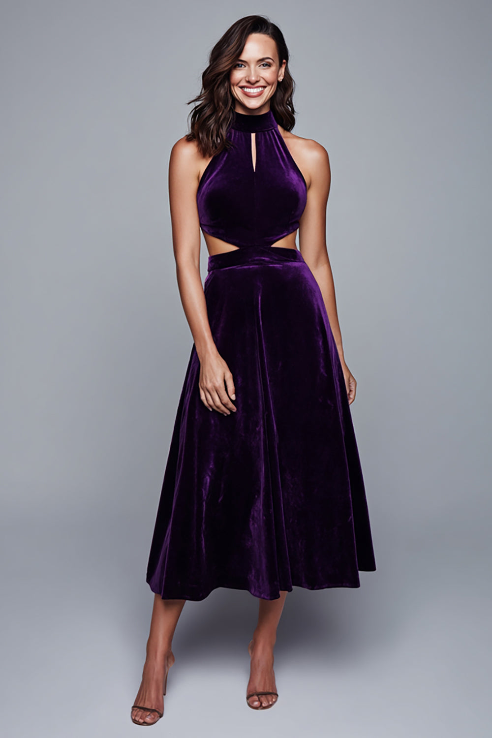 Plum Halter Cut-Out Velvet A-Line Long Holiday Party Dress