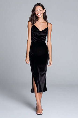 Black Velvet Spaghetti Straps Sheath Long Holiday Party Dress with Slit