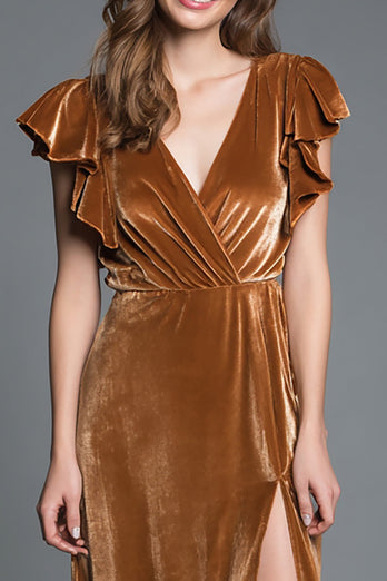 Brown Sheath Velvet V-Neck Long Holiday Party Dress with Slit