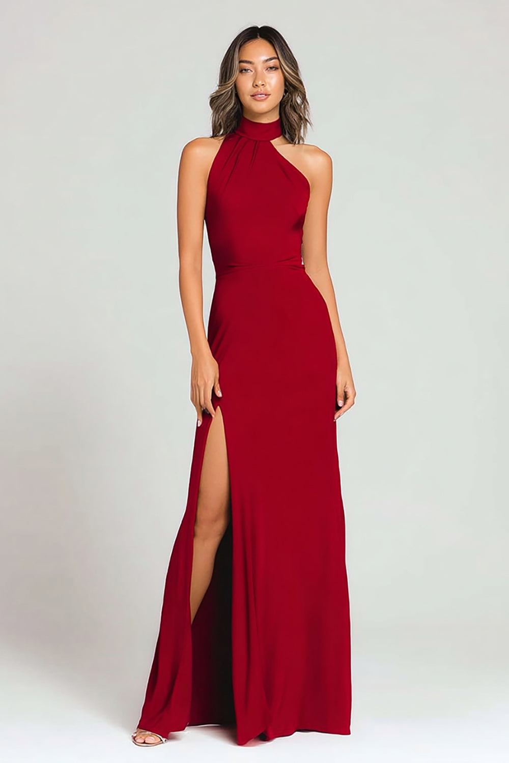 Burgundy Halter Crepe Sheath Long Formal Dress with Slit