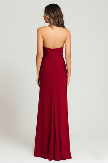 Burgundy Halter Crepe Sheath Long Formal Dress with Slit