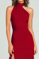 Load image into Gallery viewer, Burgundy Halter Crepe Sheath Long Formal Dress with Slit