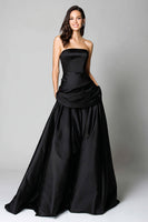 Load image into Gallery viewer, Black A-Line Satin Strapless Ruched Long Formal Dress