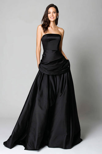 Black A-Line Satin Strapless Ruched Long Formal Dress