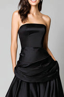 Load image into Gallery viewer, Black A-Line Satin Strapless Ruched Long Formal Dress
