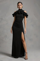 Load image into Gallery viewer, Black High Neck Satin Mermaid Long Formal Dress with Ruffles