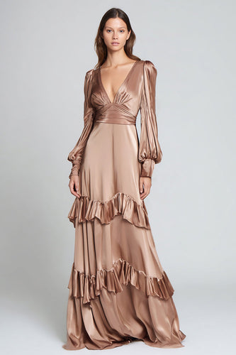 Light Brown Satin Ruffled A-Line Long Sleeves Formal Dress
