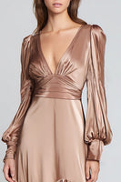 Load image into Gallery viewer, Light Brown Satin Ruffled A-Line Long Sleeves Formal Dress