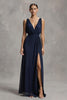 Load image into Gallery viewer, Navy Deep Chiffon V-Neck Sheath Long Formal Dress with Slit