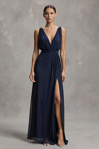 Navy Deep Chiffon V-Neck Sheath Long Formal Dress with Slit