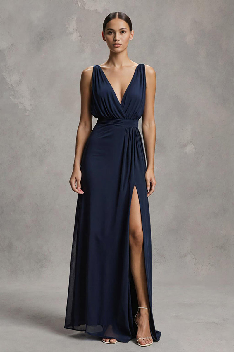 Load image into Gallery viewer, Navy Deep Chiffon V-Neck Sheath Long Formal Dress with Slit