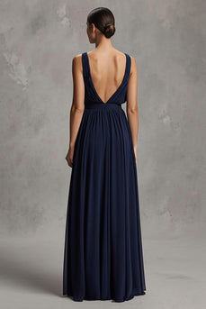 Navy Deep Chiffon V-Neck Sheath Long Formal Dress with Slit
