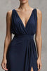 Load image into Gallery viewer, Navy Deep Chiffon V-Neck Sheath Long Formal Dress with Slit