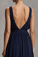 Load image into Gallery viewer, Navy Deep Chiffon V-Neck Sheath Long Formal Dress with Slit