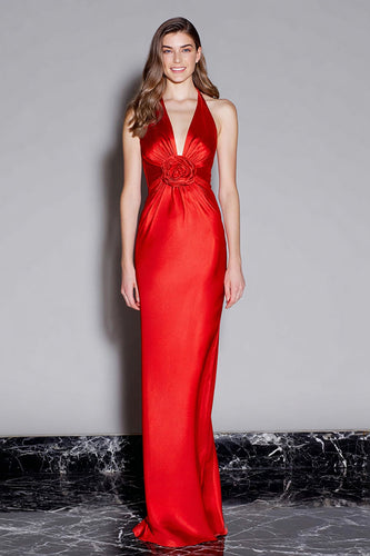 Red Satin Mermaid Halter Long Formal Dress with 3D Flower