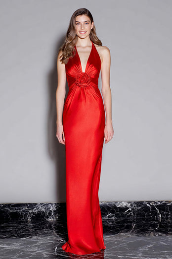 Red Satin Mermaid Halter Long Formal Dress with 3D Flower