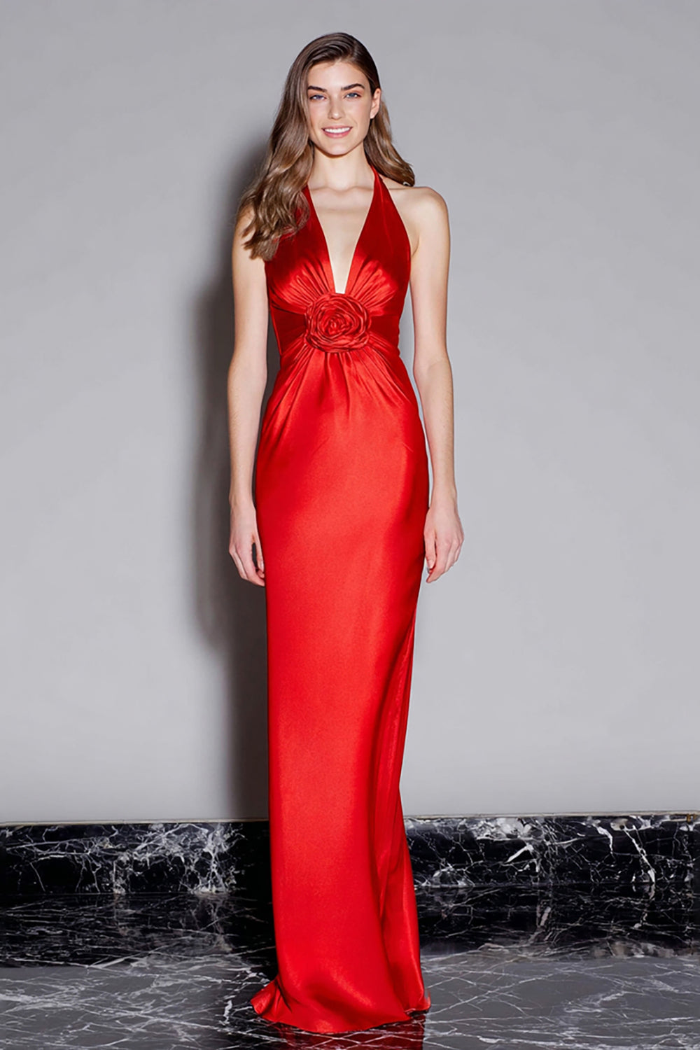 Red Satin Mermaid Halter Long Formal Dress with 3D Flower