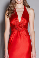 Load image into Gallery viewer, Red Satin Mermaid Halter Long Formal Dress with 3D Flower