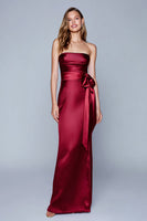 Load image into Gallery viewer, Burgundy Satin Strapless Mermaid Long Formal Dress with Bow