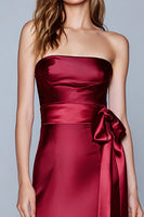 Load image into Gallery viewer, Burgundy Satin Strapless Mermaid Long Formal Dress with Bow