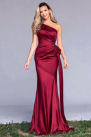 Load image into Gallery viewer, Burgundy One Shoulder Mermaid Satin Long Formal Dress with Bow