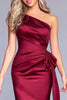 Load image into Gallery viewer, Burgundy One Shoulder Mermaid Satin Long Formal Dress with Bow