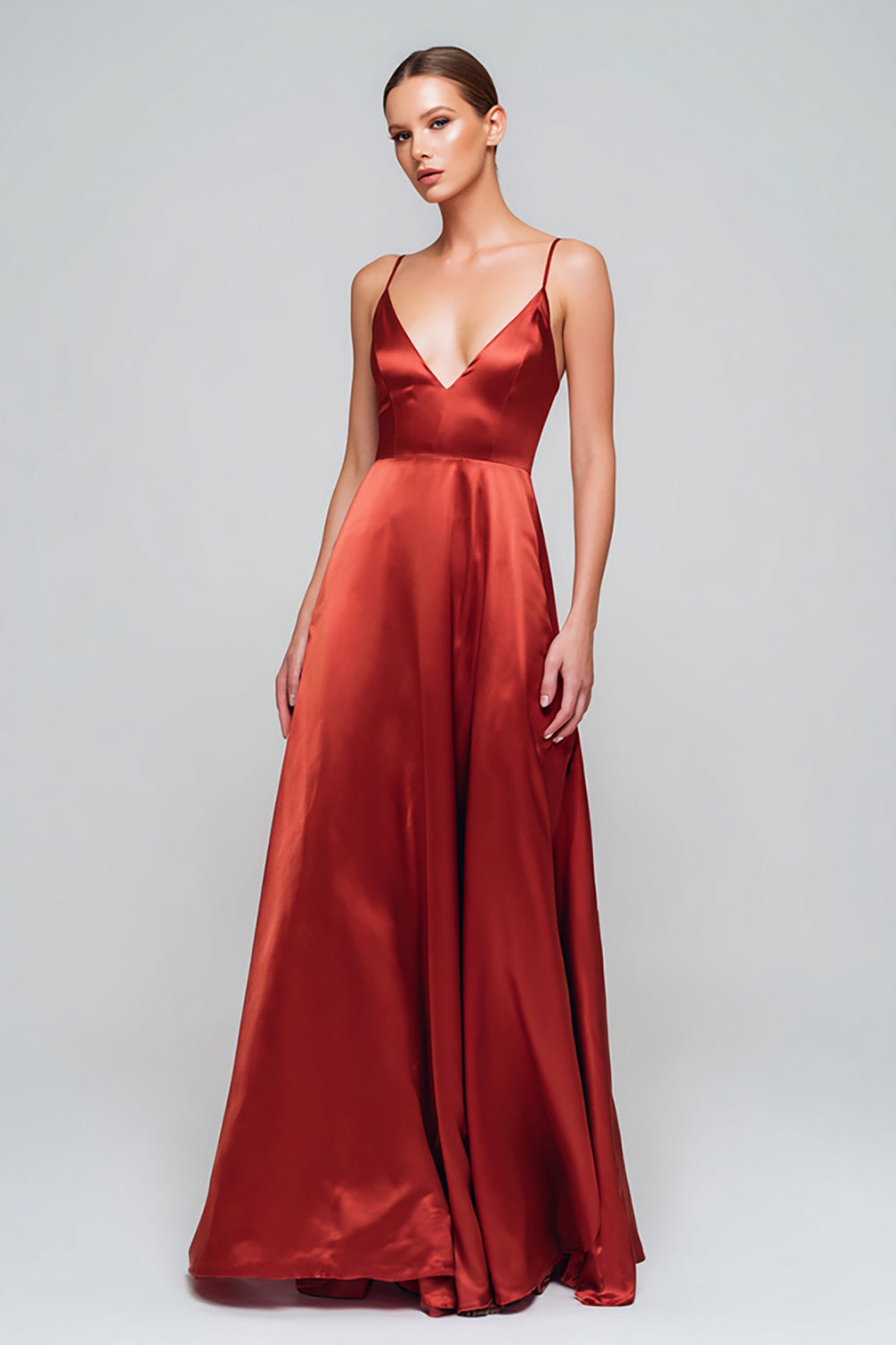 Red Satin Spaghetti Straps A-Line Long Formal Dress