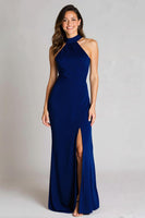 Load image into Gallery viewer, Navy Halter Satin Mermaid Halter Long Formal Dress with Slit
