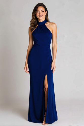 Navy Halter Satin Mermaid Halter Long Formal Dress with Slit