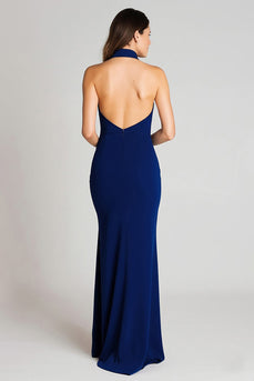 Navy Halter Satin Mermaid Halter Long Formal Dress with Slit