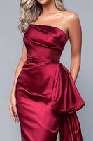 Load image into Gallery viewer, Burgundy Satin Strapless Mermaid Long Formal Dress with Side Cape