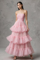 Load image into Gallery viewer, Pink A-Line Tulle Strapless Tiered Long Pageant Dress with Ruffles