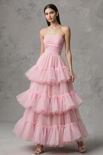 Pink A-Line Tulle Strapless Tiered Long Pageant Dress with Ruffles