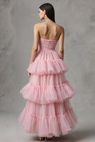 Load image into Gallery viewer, Pink A-Line Tulle Strapless Tiered Long Pageant Dress with Ruffles