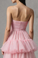Load image into Gallery viewer, Pink A-Line Tulle Strapless Tiered Long Pageant Dress with Ruffles