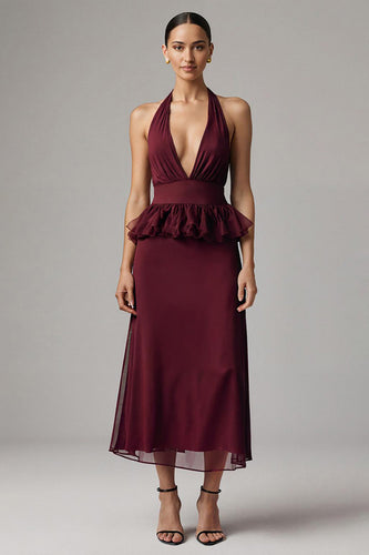 Burgundy Chiffon Halter Sheath Long Formal Dress with Ruffles