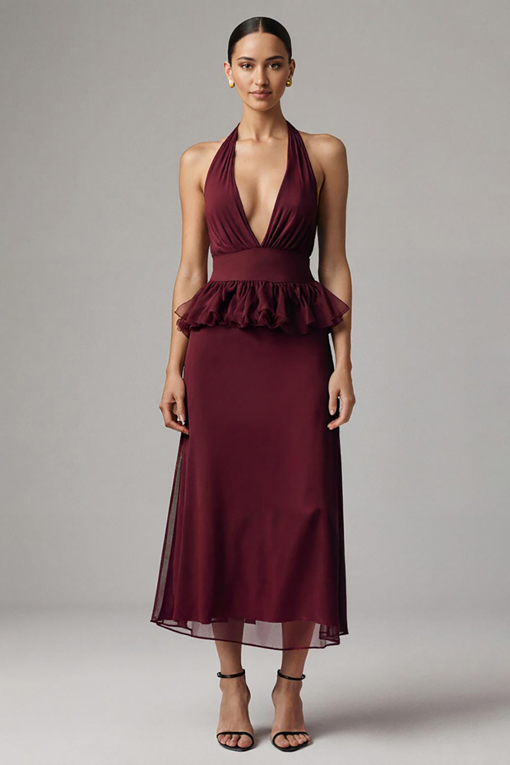 Burgundy Chiffon Halter Sheath Long Formal Dress with Ruffles