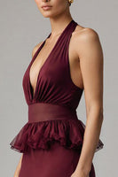 Load image into Gallery viewer, Burgundy Chiffon Halter Sheath Long Formal Dress with Ruffles