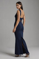 Load image into Gallery viewer, Simple Navy Satin Mermaid Boat Neck Long Formal Dress
