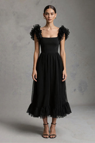 Black A-Line Tulle Square Neck Long Formal Dress with Ruffles