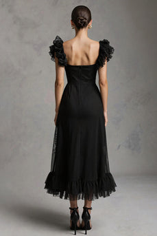 Black A-Line Tulle Square Neck Long Formal Dress with Ruffles