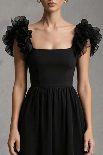 Black A-Line Tulle Square Neck Long Formal Dress with Ruffles