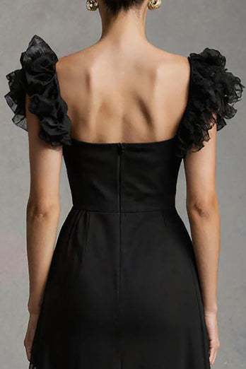 Black A-Line Tulle Square Neck Long Formal Dress with Ruffles