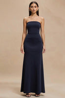 Load image into Gallery viewer, Simple Navy Satin Mermaid Strapless Long Formal Dress