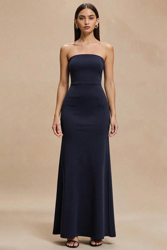 Simple Navy Satin Mermaid Strapless Long Formal Dress