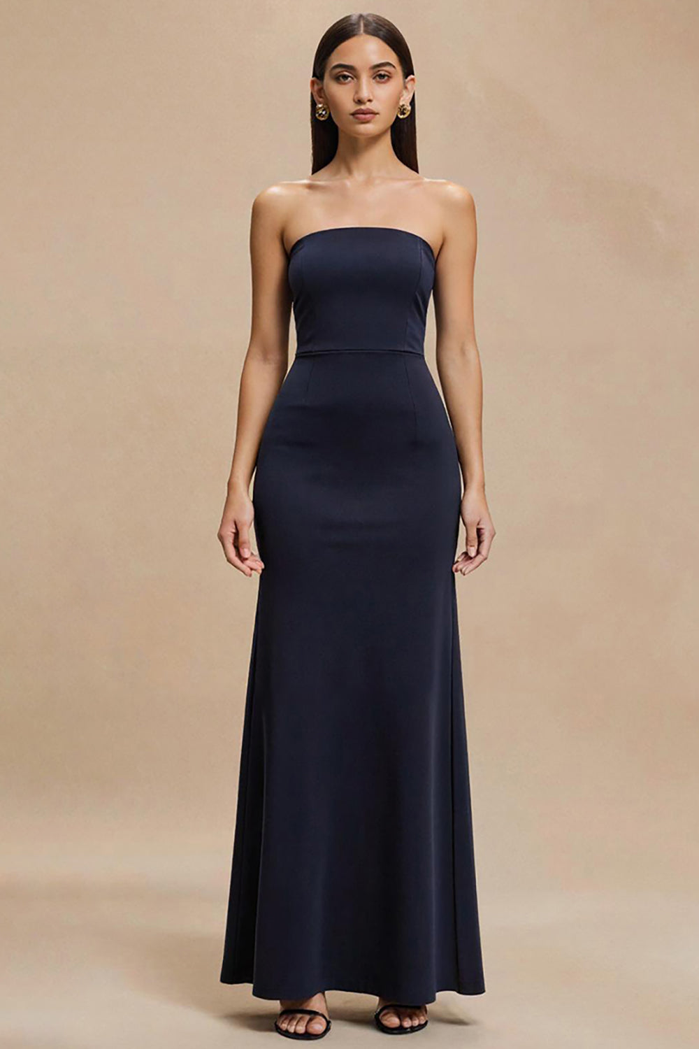 Simple Navy Satin Mermaid Strapless Long Formal Dress